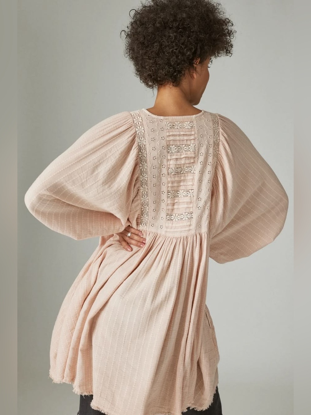 Lucky Brand Lace Yoke Tunic Top Cotton Viscose Peach Whip Medium Cottage Prairie - Picture 6 of 14